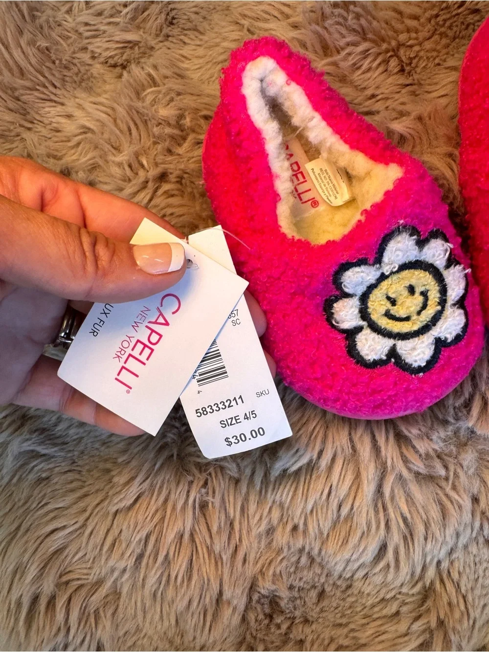 Capelli of New York Hot Pink Fuzzy Slippers with Smiley Daisy